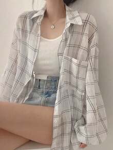 Korean Chic Summer French Casual Loose Thin Plaid Long Sleeve Shacket For Women Spring White - White - View 3