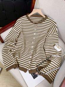 Vivid Style Otoño/Invierno Nuevo Cárdigan de Punto a Rayas Holgado Estilo Urbano para Mujer, Ideal para Calle, Aeropuerto, Navidad, Año Nuevo, Rosa - Marrón - Ver 3