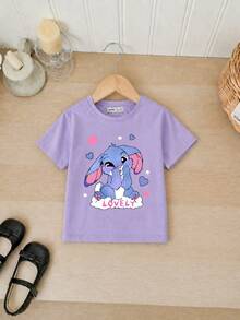 Girls' Summer Casual Set, Pink Short Sleeve T-Shirt With Shy Rabbit Cartoon Print, Paired With Black Shorts With Matching Pattern Accent, Cute And Lively, Suitable For Daily Wear Or Campus Outfit - Mauve Purple - View 3