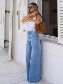 Jeans rectos holgados y casuales para mujer con bolsillos, pantalones vaqueros lavados simples, adecuados para el verano y también un artículo imprescindible para el otoño y la primavera - azul claro - Ver 3