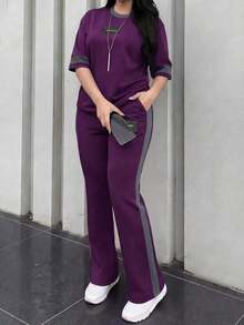 2 piezas Conjunto de camiseta de manga corta de cuello redondo y pantalones sueltos de cintura elástica para mujer, uso diario casual, negro, verano - Morado oscuro 64 - Ver 2