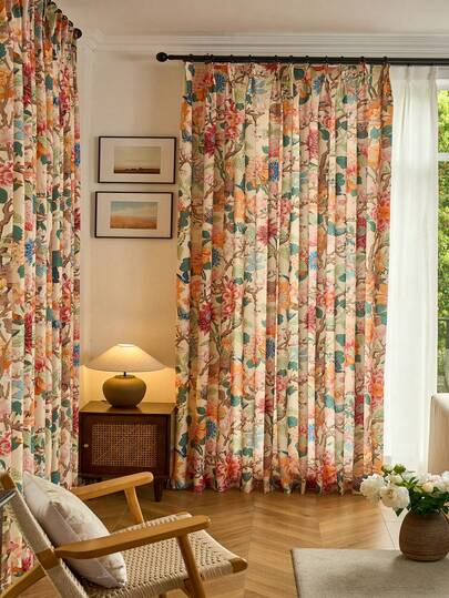 1 pieza Nuevo estilo chino Cortina opaca con diseño retro de flor de peonía y pájaro, fondo beige con diseño floral colorido, 3 métodos de colgado, adecuado para villa, balcón, sala de estar, dormitorio, 230g/m²