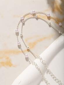 Set de 2 pulseras hechas a mano con perlas y cuentas de cobre en capas, diseño elegante y elegante para mujeres (cantidad de cuentas de perlas al azar) - Plateado - Ver 5