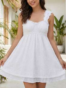 Cute  Casual    Lace    Backless  Ruffle    Y2k Summer Babydoll Dress  Beach  Travel  Daily  Dating  Vacation    Summer Sundress - 白色 - 查看 7