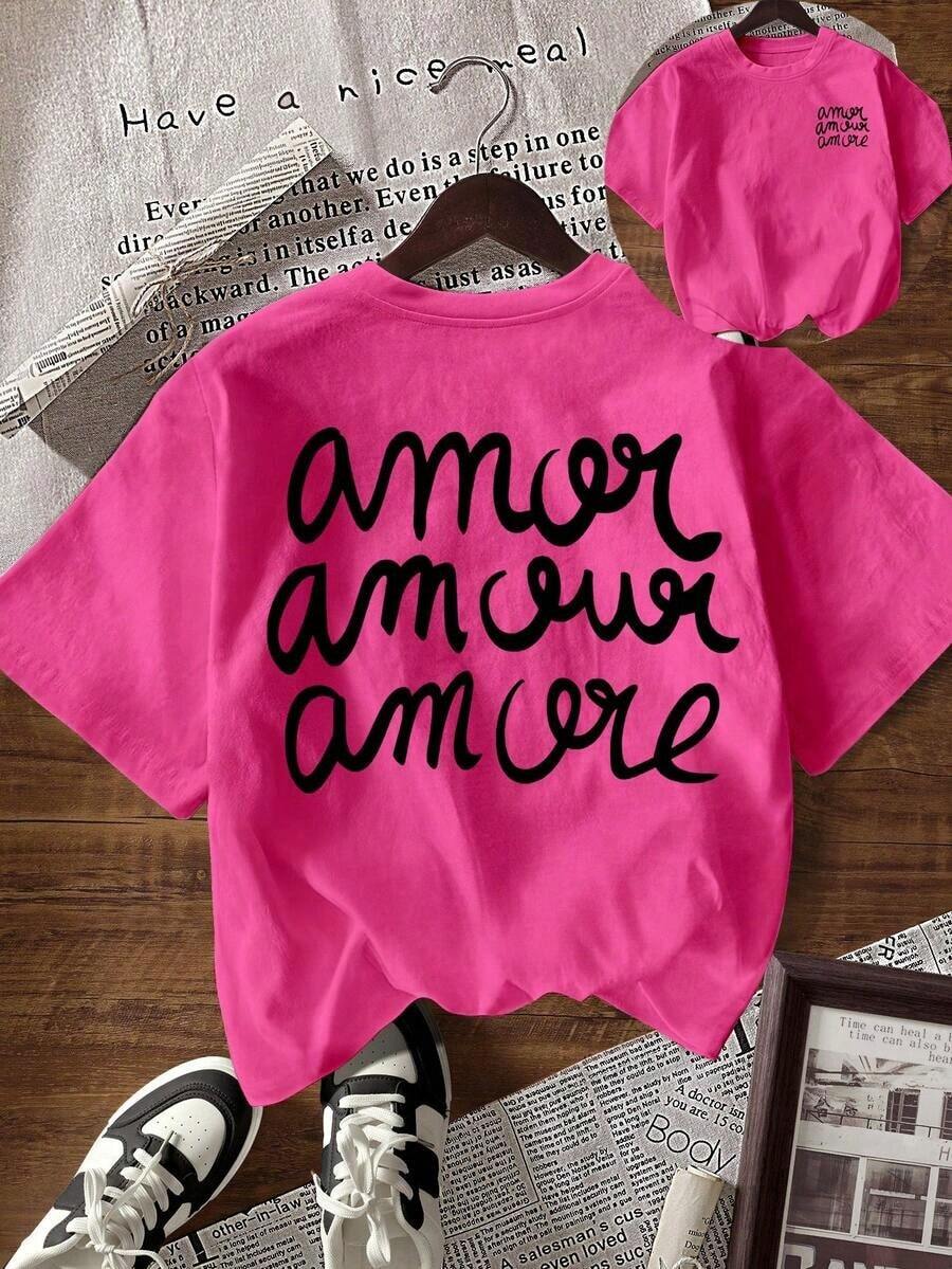 Camiseta de manga corta con cuello redondo y estampado de letras, de uso casual y versátil para uso diario - Rosa Fucsia - Ver 1