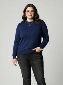 Vivi Women's Plus Size Wool Sweater For Cold Weather, Basic Knit, Long Sleeve - 藏蓝色 - 查看 1