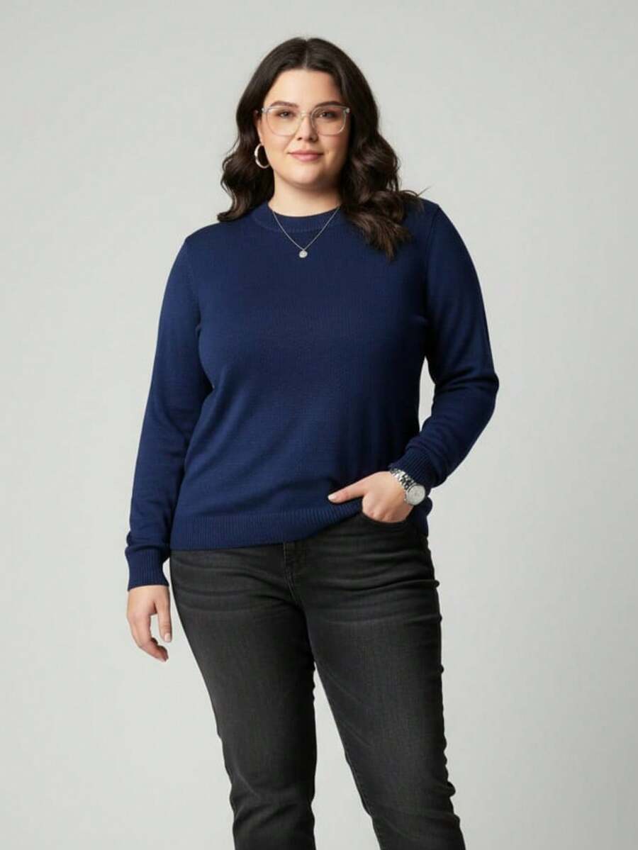 Vivi Women's Plus Size Wool Sweater For Cold Weather, Basic Knit, Long Sleeve - 藏蓝色 - 查看 1