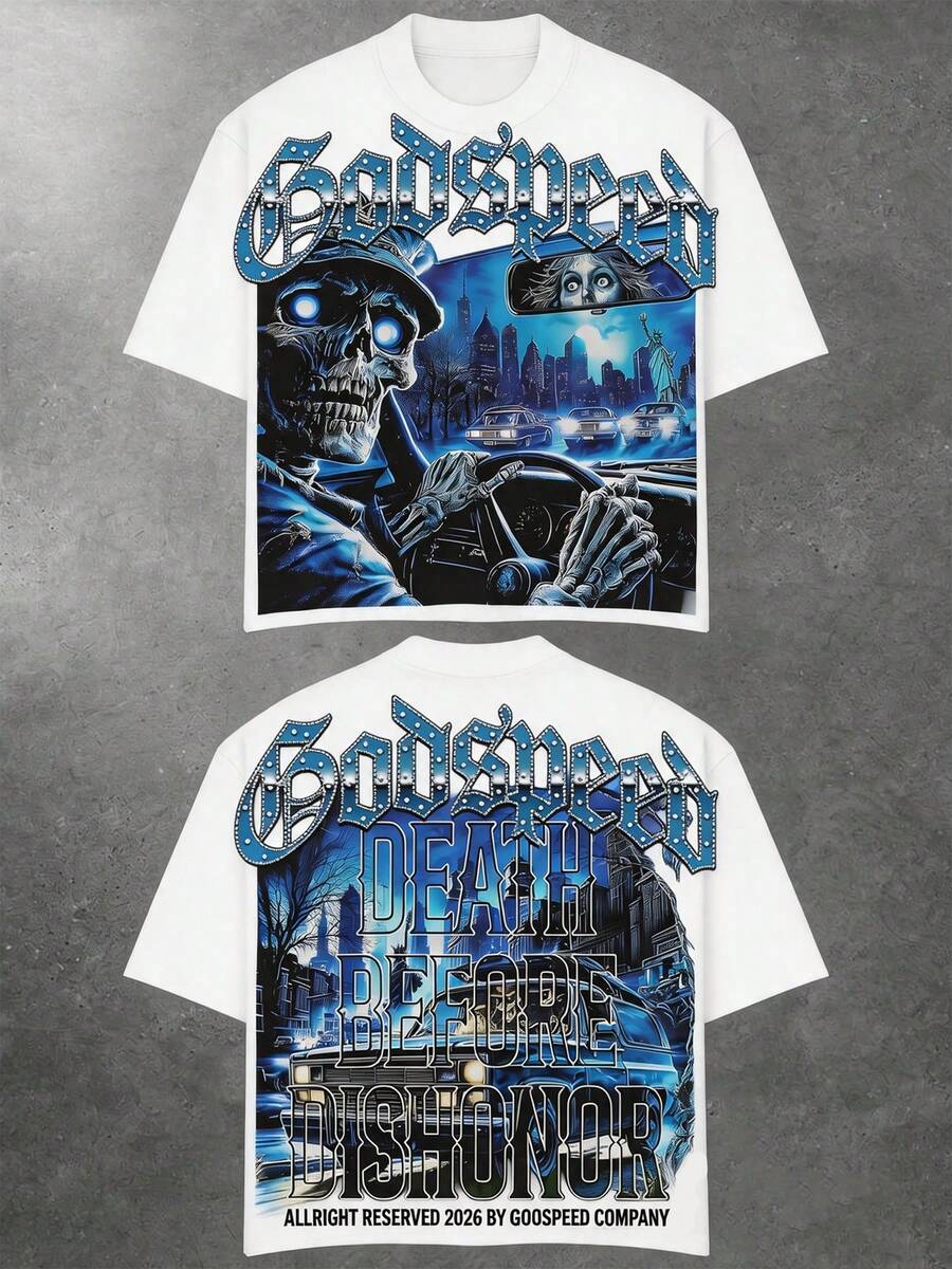 Men's Vintage Oversized Godspeed Death Before Dishonor Skull Car Graphic Tee 100% Cotton Streetwear Short Sleeve T-Shirt, Men's Spring-Summer New Fashion Clothing, Vintage Distressed Design Loose Long Skirt, High-Quality Wax Printed Cotton Retro Fashion Brand T-Shirt, Men's T-Shirt, Beach Must-Have, Men's Summer T-Shirt, Holiday Gift, Perfect Gift, Summer Tops - trắng - Xem 1