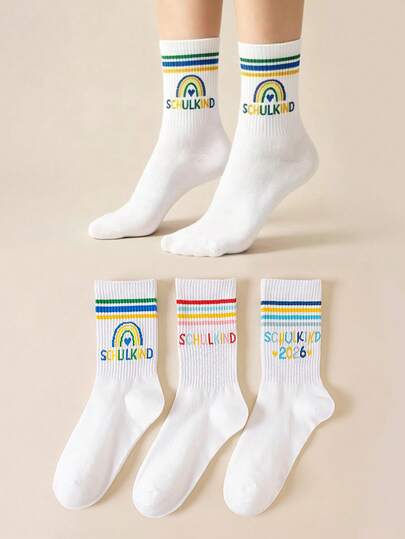 1/3 Pairs Women's Mid-Calf Socks, Rainbow Heart Design Casual Socks For Ladies, Men's Tall Elastic Letter Print Sports Socks, Back To School Gift Socks, Unisex Socks For Spring & Autumn