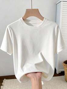 Camiseta de manga corta de unicolor minimalista para uso diario y casual, ideal para el verano - Blanco - Ver 4
