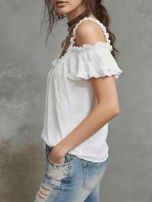 Spring/Summer New Bohemian Style White Cold Shoulder Casual Fashion Solid Color Camisole Shirt Elegant Elegant Short Sleeve Camisole Women's Top, Vacation Home Commute, Women's Elegant Top - White - View 3
