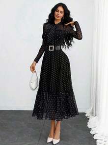 Vestido elegante, sexy y romántico de lunares retro de doble capa con lazo, adecuado para el trabajo, citas y vacaciones de primavera - Negro - Ver 6