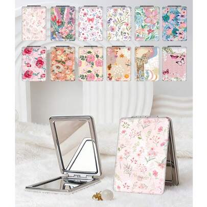 1pc Countryside Floral Oil Painting Style Compact Lightweight Portable High-Quality Stainless Steel Plated Silver Nano Electroplated Frame, Suitable For Various Occasions And All People