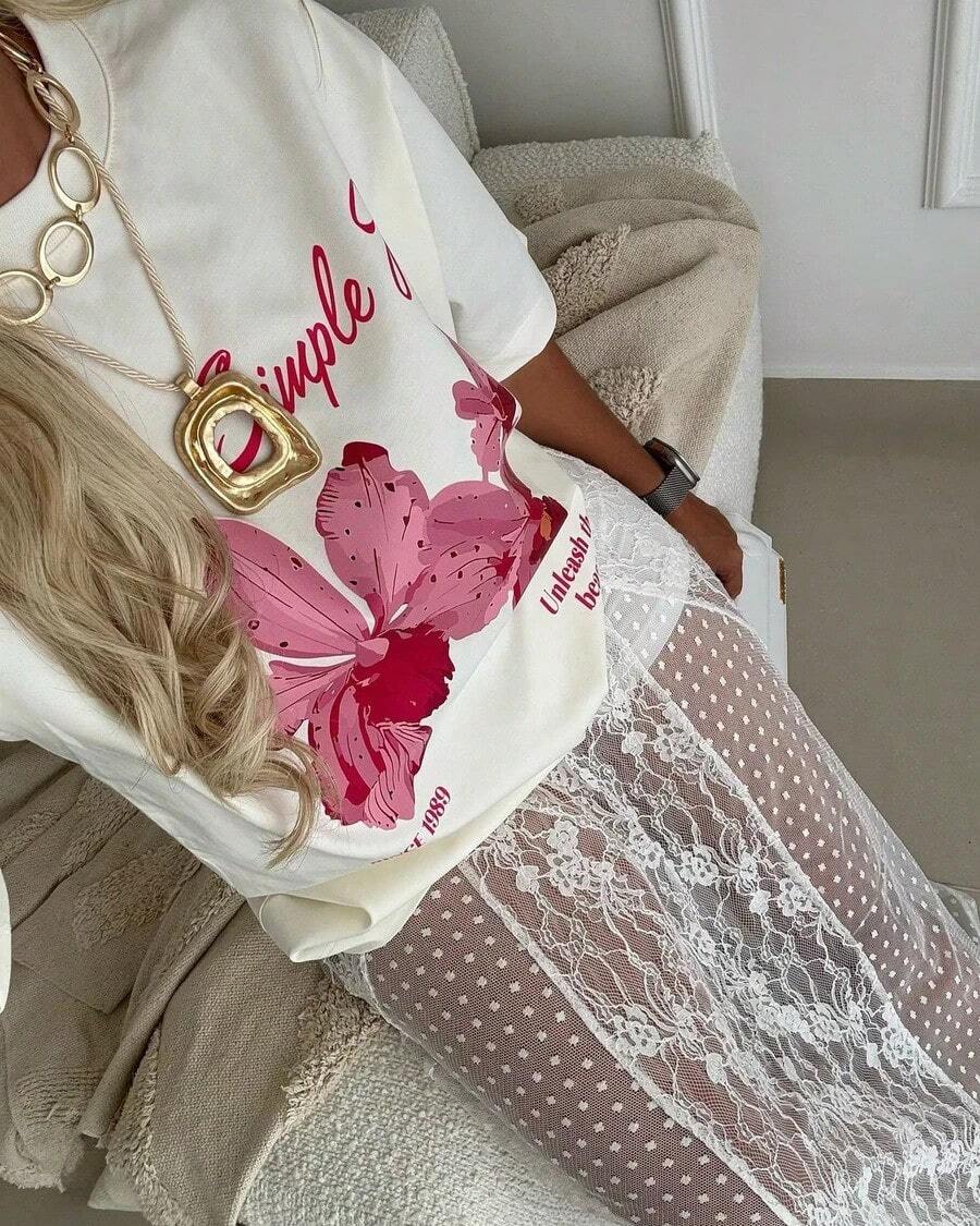 Camiseta de manga corta con estampado floral de orquídeas rosas para mujer, estilo retro francés elegante, top casual, corte holgado, adelgazante, cómodo y transpirable, estilo grunge de lujo dulce retro americano, camiseta para mujer, perfecta para el día a día, citas nocturnas, reuniones de chicas, sesiones de fotos de vacaciones, conjuntos de primavera y verano - Camiseta vintage de algodón de manga corta y cuello redondo, estilo callejero unisex. - Blanco - Ver 1