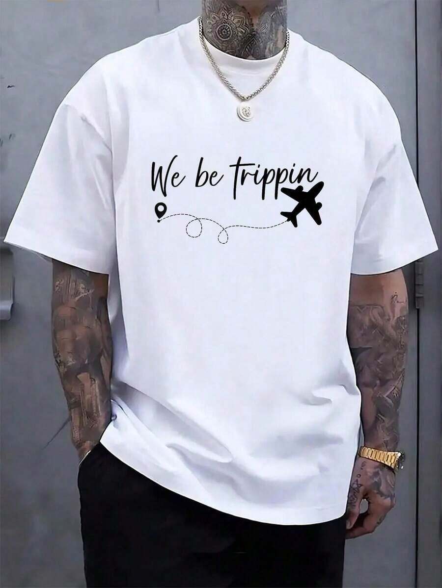 We Be Trippin Traveller Flight Vacation White T-Shirt, Men's Casual Short Sleeve White T-Shirt With Round Neck And Letter Print - 白色 - 查看 1