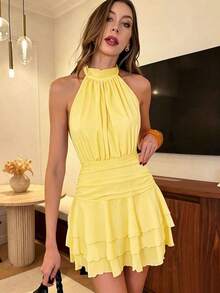 Vestido elegante y romántico de cuello halter, cintura ajustada, vestido corto con volantes plisados en albaricoque y blanco, nuevo vestido de primavera/verano, vestido para cita de San Valentín, vestido casual de vacaciones, vestido románt - Amarillo - Ver 5