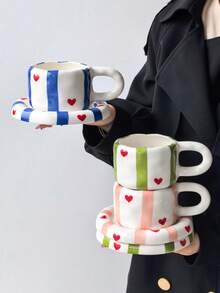 1 Set Classic Striped Heart Ceramic Coffee Cup & Saucer, Cute Korean Ins Style Mug Design With Matching Striped Heart Coaster, Ideal Choice For Coffee, Perfect Birthday & Holiday Gift, Suitable For Home Use, Great Gift For Him, Fun Cup. - Multicolor - View 3