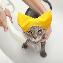 Gorro de ducha para mascotas - Gorro de ducha impermeable para gatos Sphynx, reutilizable, con protección auditiva y correa ajustable, para gatos domésticos, perros pequeños y cachorros, acces - Amarillo - Ver 8