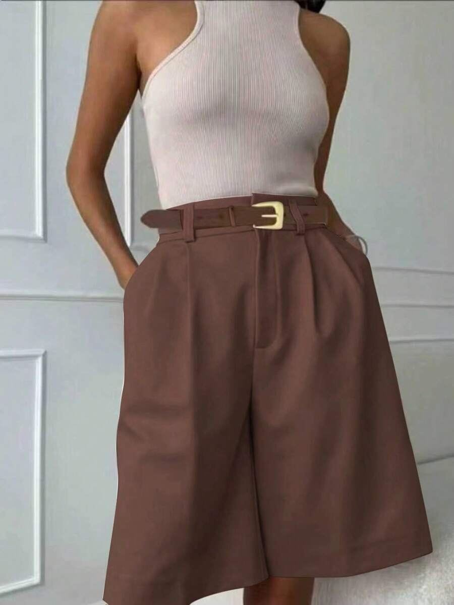 Women's Casual Loose Straight Leg Pants, Solid Color, Summer - Brown - View 1