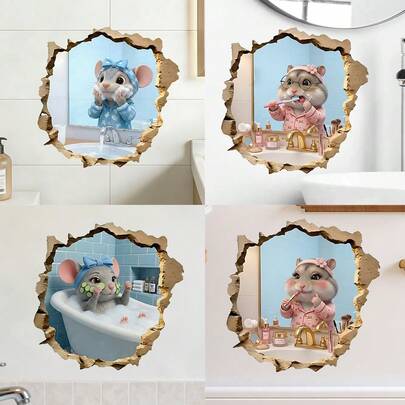 1/4 miếng dán tường hình chuột ngộ nghĩnh chống nước, có thể tháo rời, dùng trang trí phòng tắm, bồn rửa mặt, nhà vệ sinh, cửa ra vào, tranh tường nghệ thuật, tự làm giấy dán tường PVC, dễ dán.