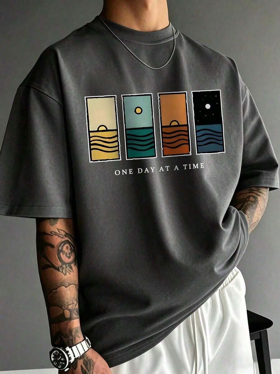 Compatible With The Minimalist Printed Short-Sleeved T-Shirt For Men, Comfortable And Breathable, Suitable For Summer, Fashionable. - 深灰色 - 查看 1