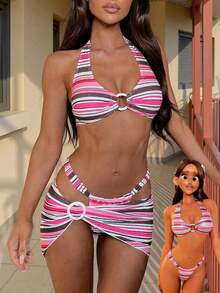 1D85 3 piezas Bikini a rayas sexy para mujer, conjunto de playa de moda para vacaciones, adecuado para fiesta de piscina de verano, festival de música y otras ocasiones de vacaciones - Multicolor - Ver 1