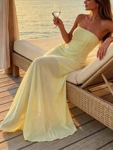 Summer Dress, Strapless Polka Dot Maxi Dress, Suitable For Summer Occasions, Vacations, Beaches, And Date And White Parties. - Màu vàng - Xem 4