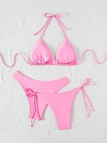 Swim Vcay Summer Geometric Floral Print Halter Bikini Set, Knit Fabric, Sexy Backless Bikini Set For Vacation, Parties, Beach, Pool, New Year, Christmas, Elegant - 羅莎 - 查看 2