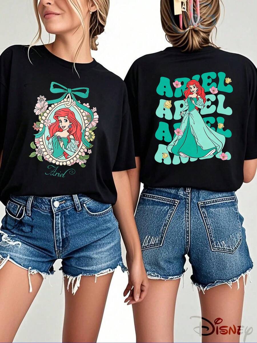 Unisex Casual Cotton Short Sleeve Round Neck T-Shirt With Disney Princess Ariel Print Disney Graphic Regular Fit Top, Men's Sizes Suitable For The Whole Family - 黑色 - 查看 1