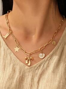 1pc Fashionable ZA Pendant Necklace, Retro Boho Beach Style With Starfish, Shell, Bow And Multi-Pendant Design, Single Strand Choker Necklace, Party/Holiday Gift, Versatile Accessory - Yellow Gold - View 7