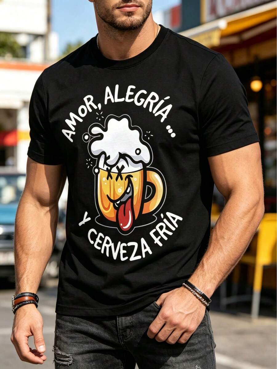 Green Men's T-Shirt With Cartoon Beer Cup Print, Casual Stylish Breathable Short Sleeve Top, 100% Polyester Lightweight Stretchy Fabric, Suitable For Summer - Multicolor - View 1