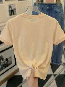 Women's Casual Round Neck Short Sleeve Shirt With Pink Heart Print; Blouses For Women, Women's T-Shirts, Casual Blouses For Ladies - 杏 - 查看 4