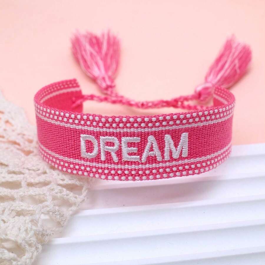 1条绣有“DREAM”字母的手工编织波西米亚复古简约可调节手链,适合派对和日常佩戴。 - 粉色 - 查看 1