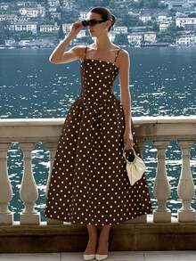 YHH2026 Nuevo vestido elegante, sexy y casual de primavera/verano para vacaciones, fiestas de té, festivales de música country, con volantes en la cintura, tirantes a lunares, color blancoYHH - Marrón - Ver 5
