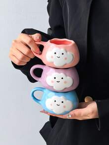 1pc Cute Cloud & Smiling Face Mug, Korean Ins Style Hand-Painted Adorable Ceramic Cup, Cloud Expression & Fashionable Lady Drinking Cup, Fun Cartoon Cute Coffee Mug, Tea Cup, Suitable For Home, Party, Birthday Gift, Souvenir - Multicolor - View 3