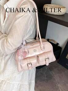 1pc CHAIKA & KILTER Women Solid Glossy PU Leather Shoulder Bag, Fashion Multi-Pocket Large Capacity Bowling Bag With Zipper Closure, Suitable Daily And Outdoor Use (Comes With Pendant), Fashionable Bow Purse Women, Street & Japanese Bag Women , Y2k - 粉色 - 查看 6