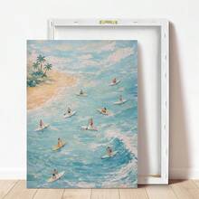 1幅帆布墙画，带框墙饰，夏季热带海滩桨板帆布画，抽象波浪油画风格，夏季海岸主题装饰画，描绘棕榈树和海滩，适用于客厅、卧室、浴室、公寓、海滨住宅和度假屋的墙面装饰，夏季家居装饰，房间装饰美学，宿舍装饰，厨房装饰，餐厅装饰，夏季海报 - A - 查看 5