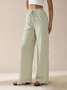 Pantalones largos de rayas con cintura de cordón para uso diario, atuendos de mujer de verano casuales - Verde militar - Ver 4