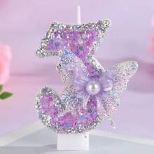 紫色闪光蝴蝶数字生日蜡烛，3D闪亮珍珠蝴蝶结蛋糕装饰，适合女孩的梦幻派对 - 1PC - 查看 6