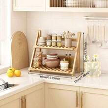 BZP9 1 pieza Organizador de estante plegable de bambú para encimera de cocina, estantería de almacenamiento multifunción compacta para uso doméstico - Marrón 50 cm - Ver 3