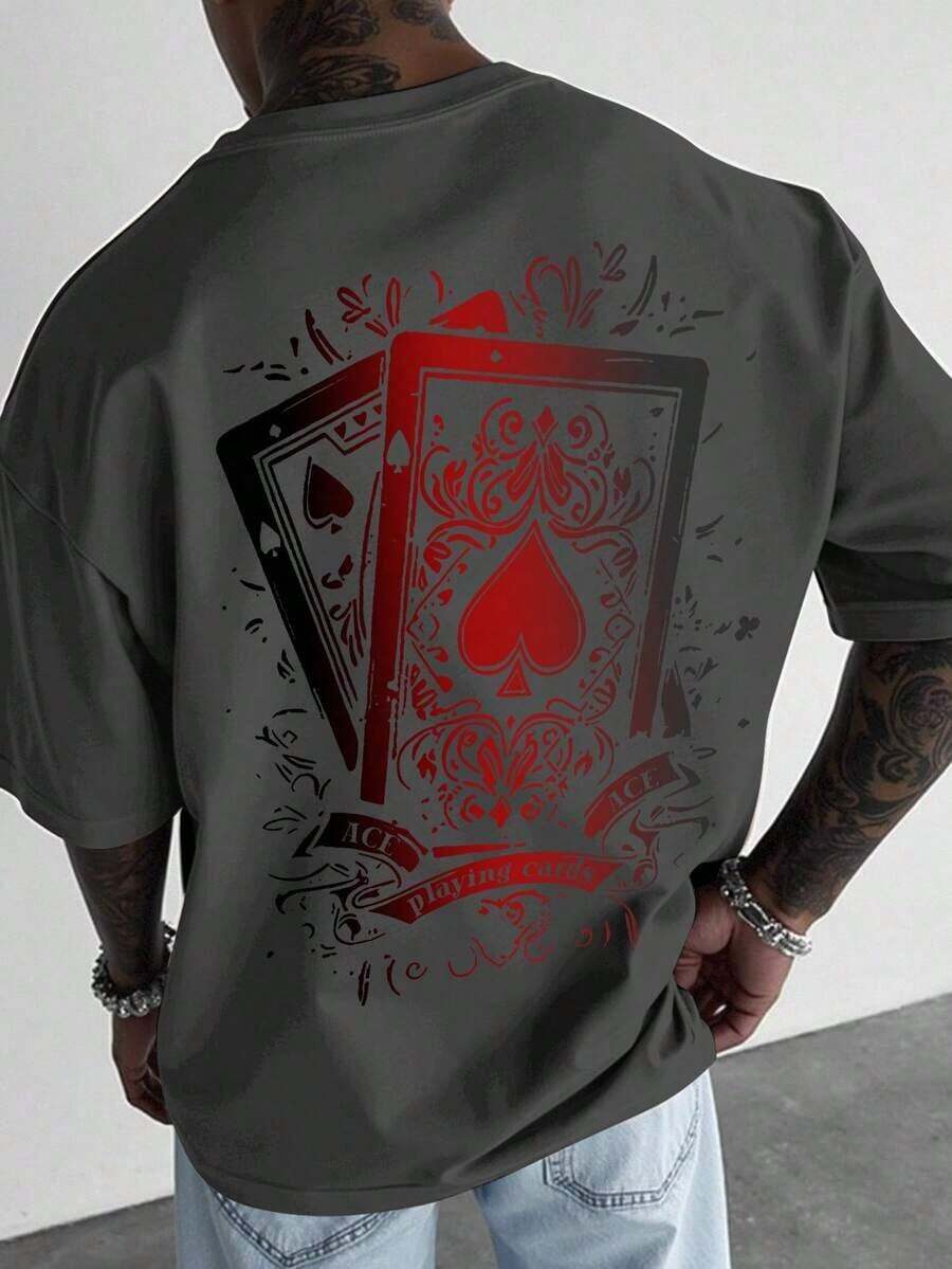 Camiseta de Manga Corta para Hombre con Estampado de Cartas de Póker, Camiseta Casual para Juegos de Azar, Camiseta con Diseño de As de Espadas - Gris oscuro 2 - Ver 1