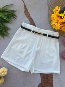 Women's Tailored High-Waisted Shorts + Belt With Gold Buckle - 白色 - 查看 6