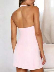 Vestido mini de línea A con escote halter y espalda descubierta, estilo casual Y2K para mujer, elegante rosa para fiesta de verano - Rosa - Ver 2