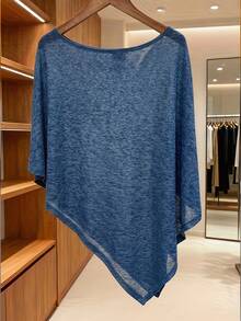 Women's Semi-Sheer Batwing Sleeve Round Neck Top, Regular Asymmetric Hem, Knit Fabric With Moderate Stretch Summer - Royal Blue - View 2