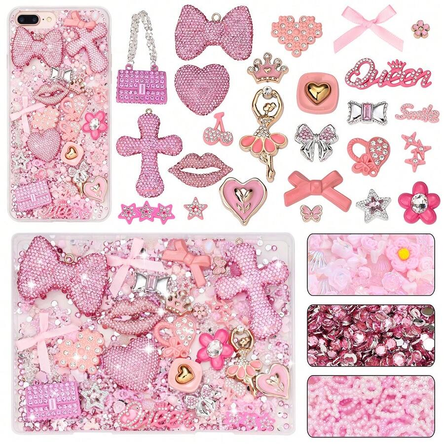 1 Box Powder Beige Resin Flat Back Beads Set, Shiny Rhinestone Lip Shape Cross Pearl Flower Handmade DIY Set, Includes Tweezers And Storage Box, For Phone Decoration