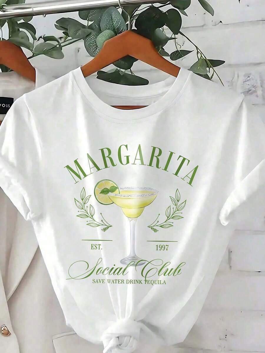 Novedad 2026: Camiseta de manga corta con cuello redondo y estampado de cóctel para mujer, 1 pieza, blanca, 100% algodón, fresca, informal, para vacaciones de verano. - Blanco - Ver 1