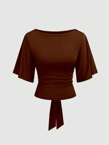 Vela Rue Waist Tie Bow Solid Color Batwing Sleeve Boat Neck Fitted Elastic Navy Blue T-Shirt, Suitable For Commuting, Work, School, Spring/Summer Back To School Season, Teacher's Day - Brown - View 1