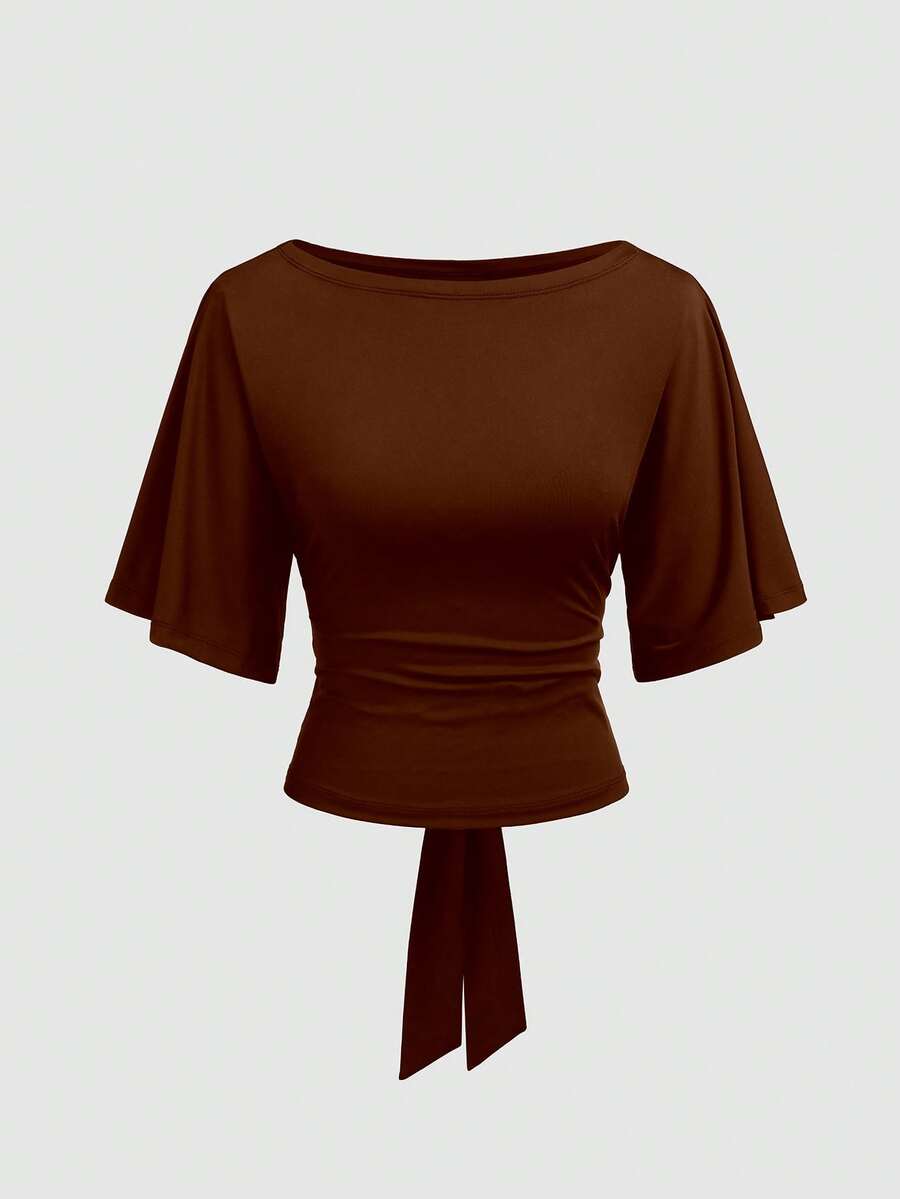 Vela Rue Waist Tie Bow Solid Color Batwing Sleeve Boat Neck Fitted Elastic Navy Blue T-Shirt, Suitable For Commuting, Work, School, Spring/Summer Back To School Season, Teacher's Day - Brown - View 1
