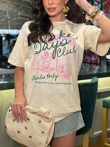 Camiseta de manga corta con estampado "Lake Days Club" para mujer, estilo retro americano con temática de vacaciones, corte holgado, efecto adelgazante, cómoda, transpirable, estilo relajado para uso diario, camiseta para mujer, perfecta para el trayecto diario al trabajo/reuniones de chicas/vacaciones en el lago/salidas de verano/festivales de música/atuendos de primavera y verano. - Albaricoque - Ver 8