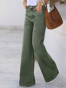 Jeans rectos holgados y casuales para mujer con bolsillos, pantalones vaqueros lavados simples, adecuados para el verano y también un artículo imprescindible para el otoño y la primavera - Verde militar - Ver 4
